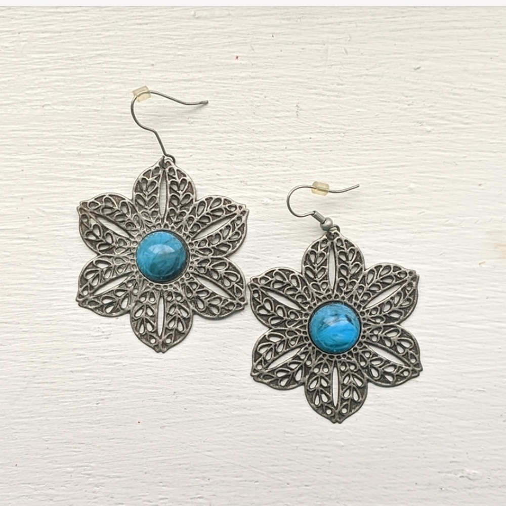 Blue & Silver Vintage Boho Flower Drop Earrings